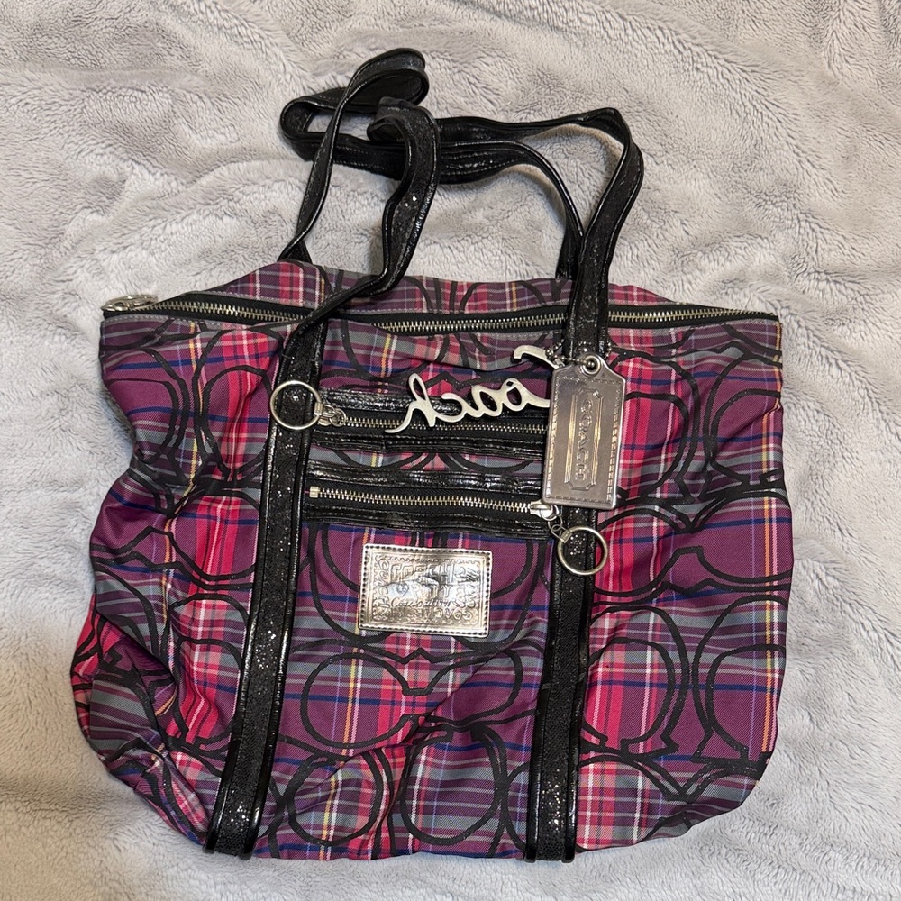 Coach Plaid Purple and Black Tote